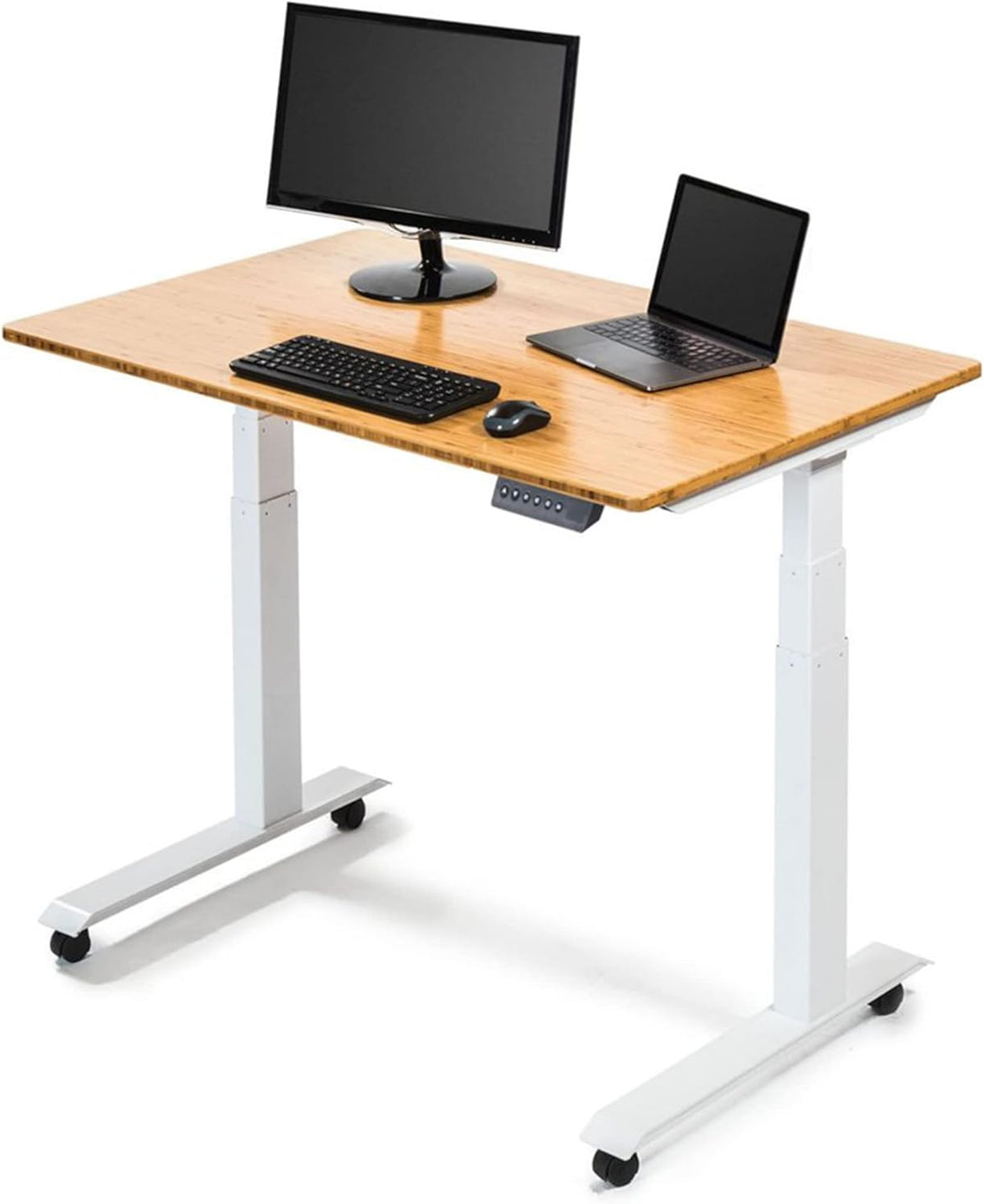 Electric Adjustable Height Standing Desk with Programmable Memory, Black Frame, Teak Top, 60" Wide L8282