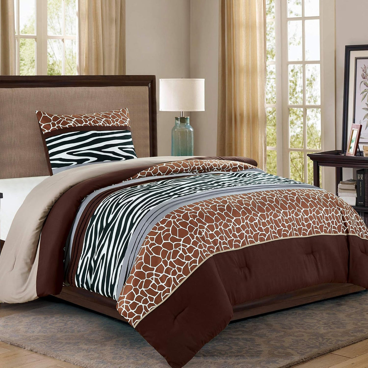 2 Piece Twin Comforter Set, Brown/Beige/White, Down Alternative Bedding I1409