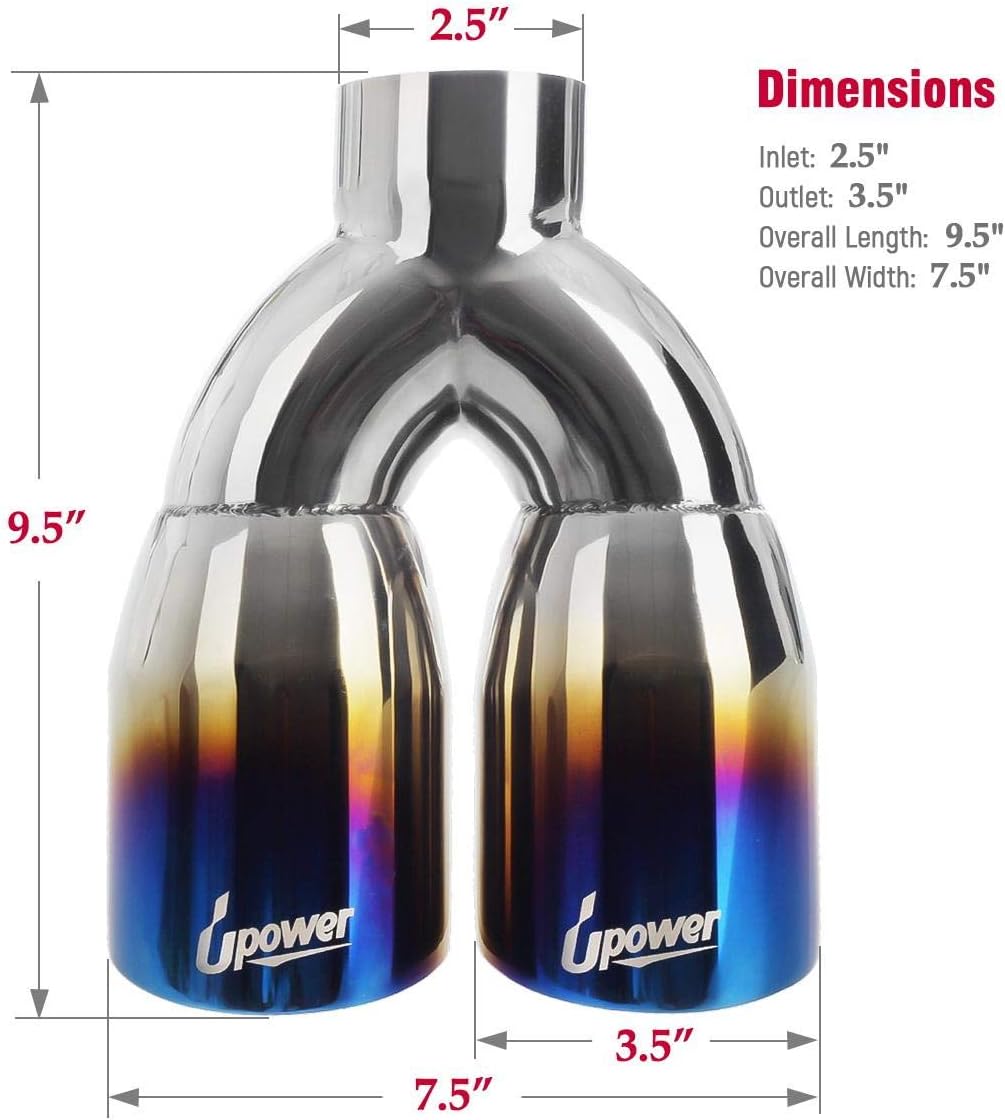 Dual Exhaust Tips 2.5" Inlet 3.5" Outlet 9.5" Length Blue Polished Stainless Steel Double Wall Pack of 2 N25272