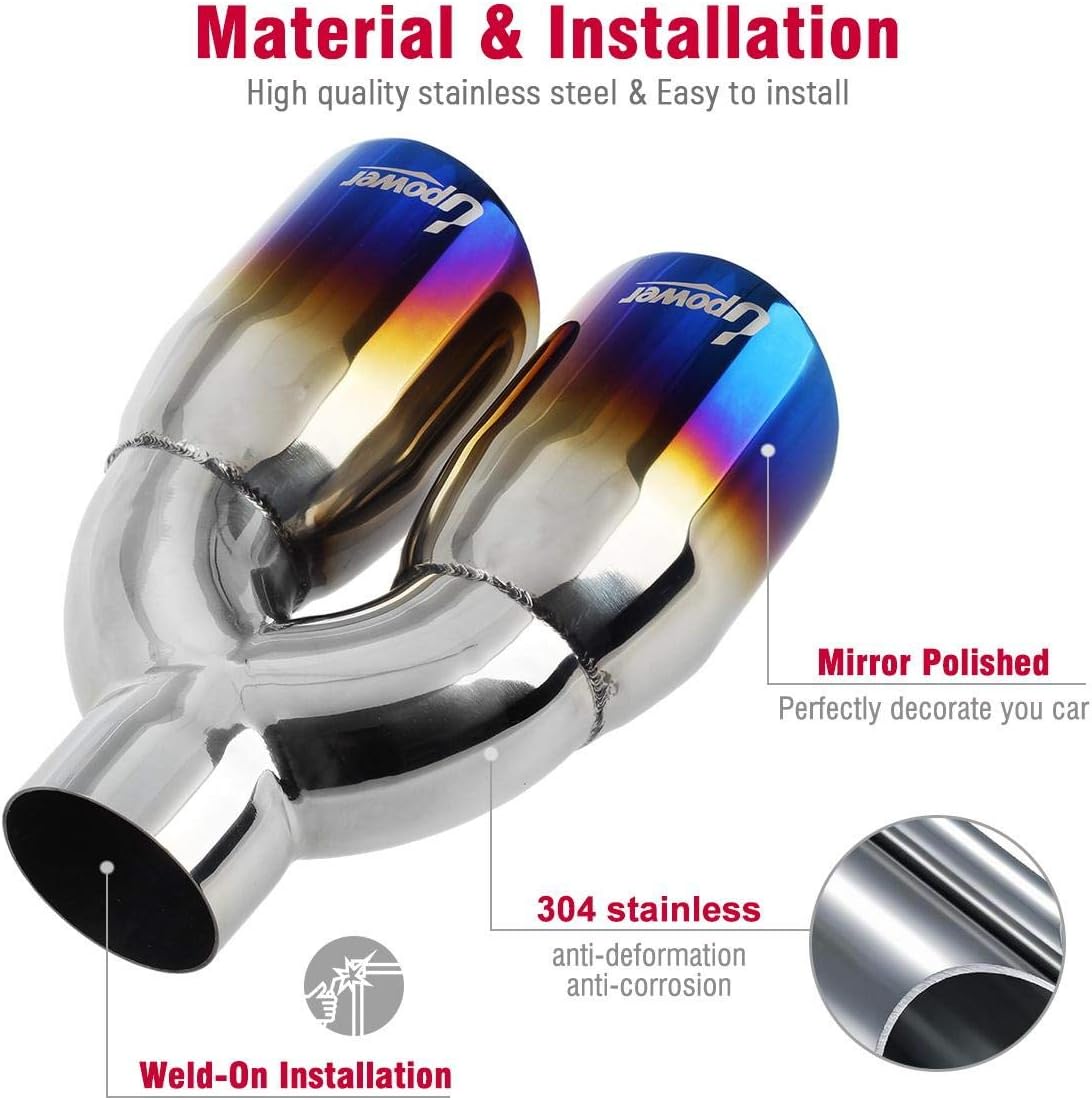 Dual Exhaust Tips 2.5" Inlet 3.5" Outlet 9.5" Length Blue Polished Stainless Steel Double Wall Pack of 2 N25272