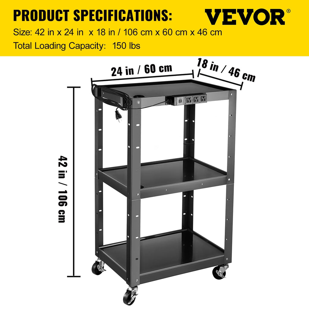 3-Shelf Steel AV Cart with Electric Power Cord W677