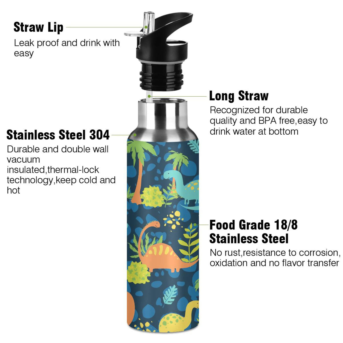 Stainless Steel Insulated Thermos Vacuum Flask Water Bottle with Straw Lid K314724