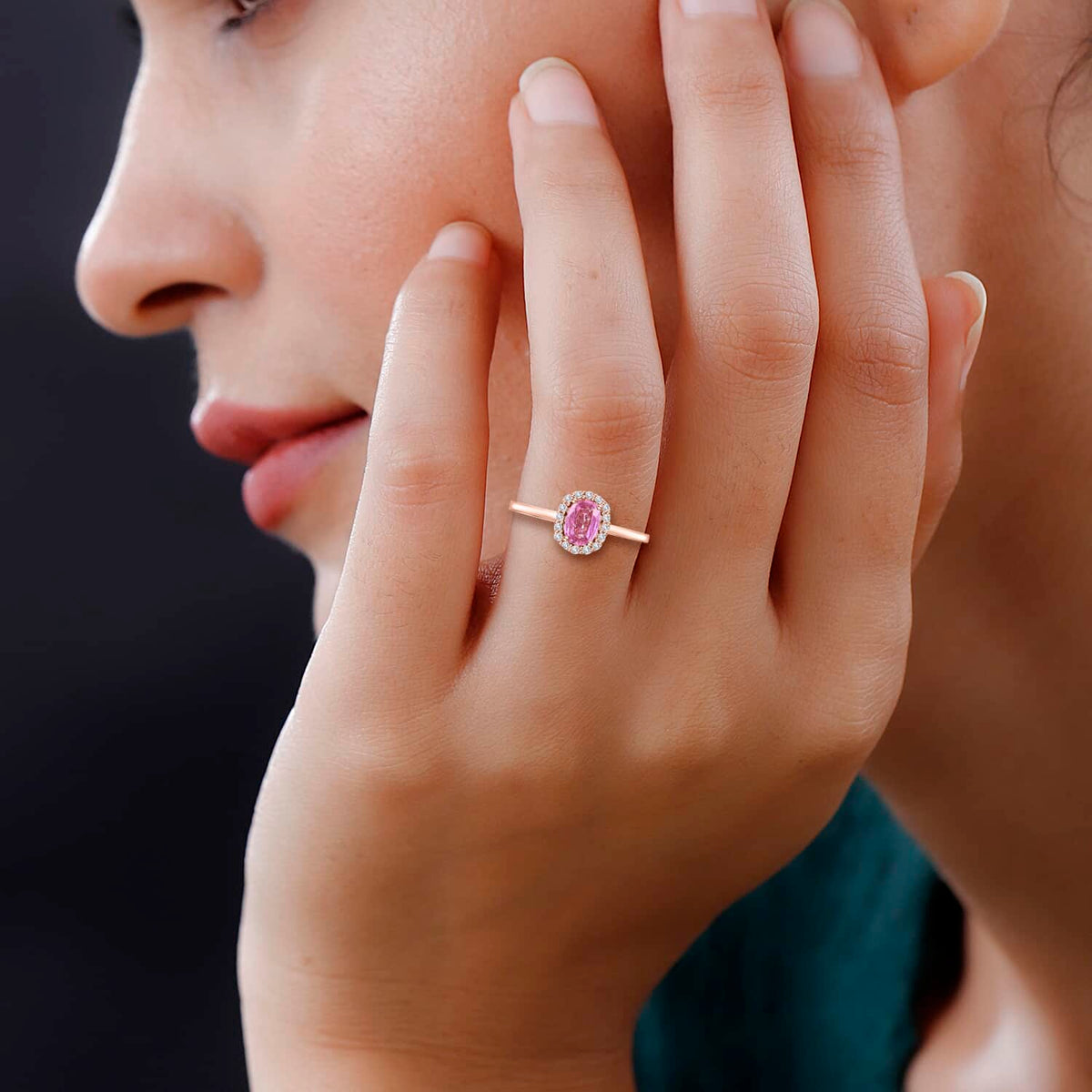 18K Rose Gold Oval Pink Sapphire Diamond Halo Engagement Ring G722