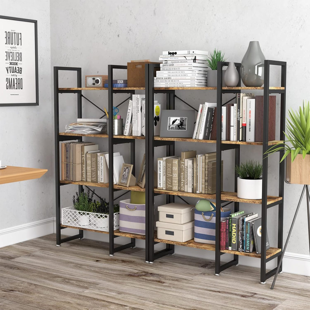 Rustic Brown 4 Tiers Metal Frame Bookshelf N7740